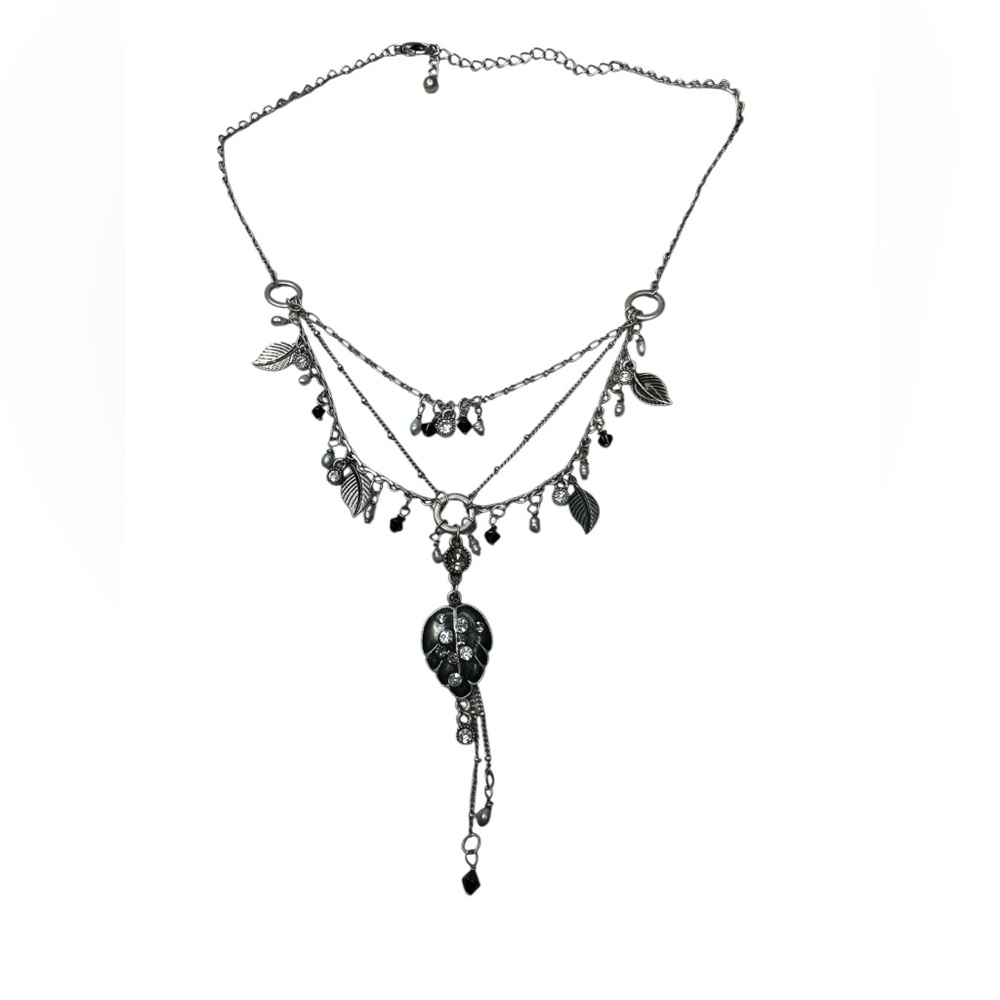 Unique Whimsical Goth Silver and Black Leaf Layered Fairy Clasp Necklace